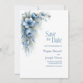 ブルーの花柄の結婚式の事前お知らせ セーブザデート (正面)