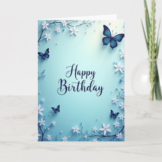 ブルーの花柄の誕生日カード カード (正面)