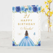 ブルーの花柄の黒髪の女の子の誕生日 カード (黄色い花)