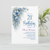 ブルーの花柄の21歳の誕生日パーティー 招待状 (スタンド正面)