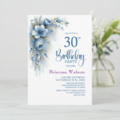ブルーの花柄の30歳の誕生日パーティー 招待状 (スタンド正面)
