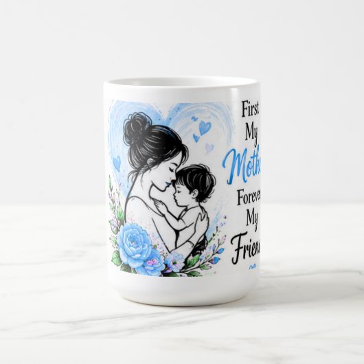 ブルーの花柄の「母は永遠の友達」マグカップ コーヒーマグカップ (中央)