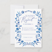 ブルーの花柄ウォーターカラーフレーム レスポンスカード (正面)