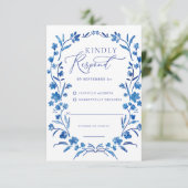 ブルーの花柄ウォーターカラーフレーム レスポンスカード (スタンド正面)