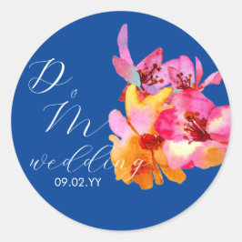 ブルーの花柄ウォーターカラーモノグラム 結婚式 ラウンドシール