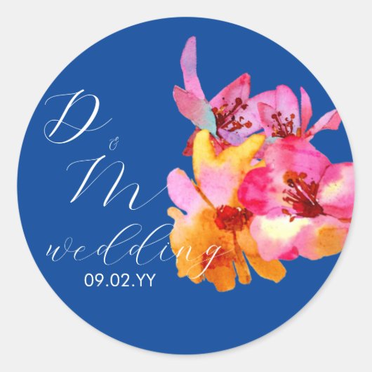 ブルーの花柄ウォーターカラーモノグラム 結婚式 ラウンドシール (正面)