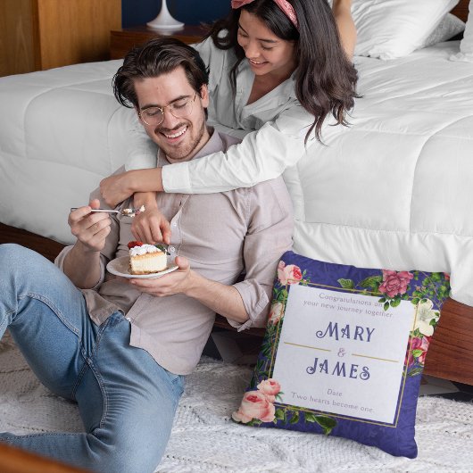 ブルーの花柄カスタムテキスト結婚記念日ギフト クッション