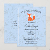 ブルーの花柄キツネの森のベイビーシャワー 招待状 (正面/裏面)