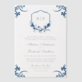 ブルーの花柄クレストモノグラム結婚式 ベラム紙招待状 (正面)