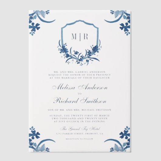 ブルーの花柄クレストモノグラム結婚式 ベラム紙招待状 (正面)