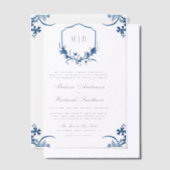 ブルーの花柄クレストモノグラム結婚式 ベラム紙招待状 (オフセット)