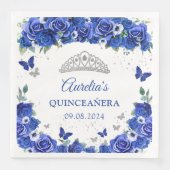 ブルーの花柄シルバーの蝶 クイーンズアネラのナプキン (正面)