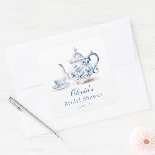 ブルーの花柄ティーパーティー ブライダルシャワー スクエアシール (封筒)