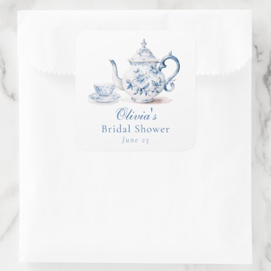 ブルーの花柄ティーパーティー ブライダルシャワー スクエアシール (バッグ)