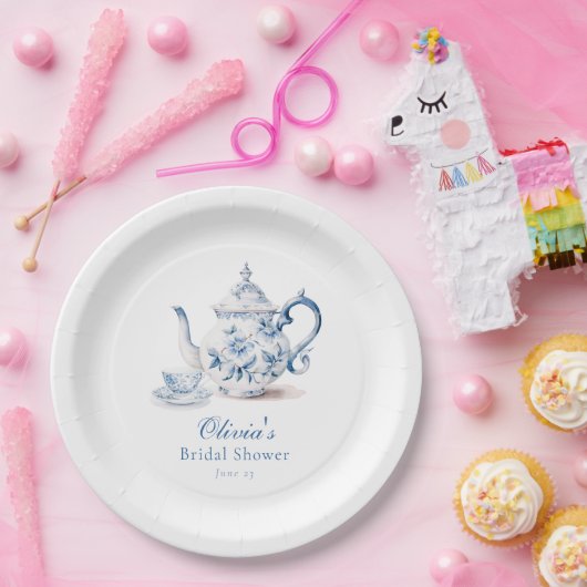 ブルーの花柄ティーパーティー ブライダルシャワー ペーパープレート (パーティー)