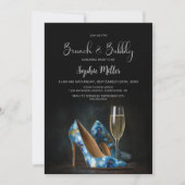 ブルーの花柄ヒール靴とシャンパンのブランチ 招待状 (正面)