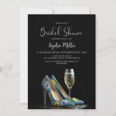 ブルーの花柄ヒール靴 ブライダルシャワー 招待状 (正面)