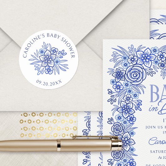 ブルーの花柄フランスベイビーシャワー ラウンドシール