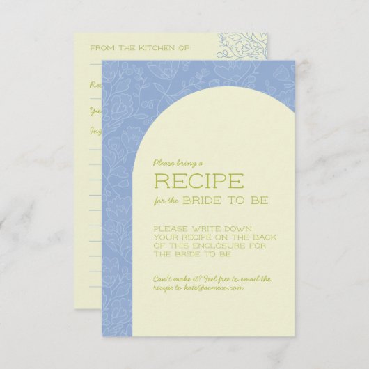 ブルーの花柄ブライダルシャワーレシピカード エンクロージャーカード (正面/裏面)