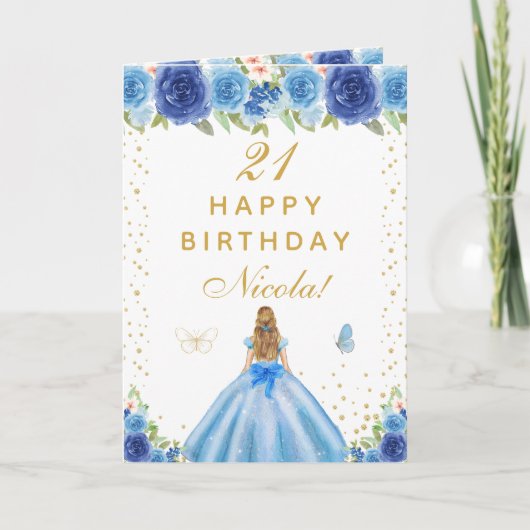 ブルーの花柄ブロンドの髪の女の子の誕生日 カード (正面)