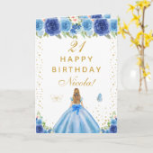 ブルーの花柄ブロンドの髪の女の子の誕生日 カード (黄色い花)