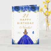 ブルーの花柄ブロンドの髪の女の子の誕生日 カード (黄色い花)