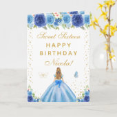 ブルーの花柄ブロンドの髪の少女 スウィート16 カード (黄色い花)