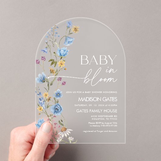 ブルーの花柄ベビーシャワー招待状、Baby in Bloom アクリル招待状 (インサイチュ (ポータブル))