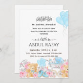 ブルーの花柄ベビーベッド　イスラム教赤ちゃん男の子　アキカ　アクイカ 招待状 (正面/裏面)