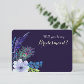 ブルーの花柄ボヘミアンフェザー付きブライズメイドカード 招待状 (スタンド正面)