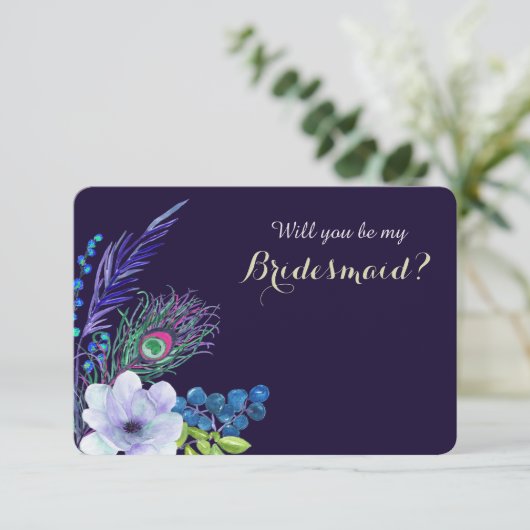 ブルーの花柄ボヘミアンフェザー ブライズメイド 招待状 (スタンド正面)