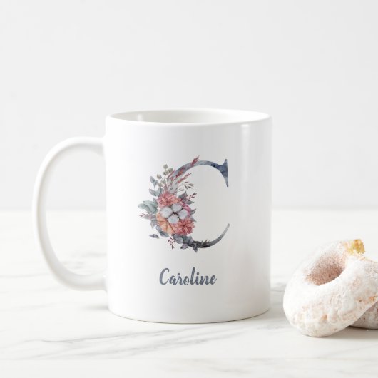 ブルーの花柄モノグラムCの名入れマグカップ コーヒーマグカップ (ドーナツ)