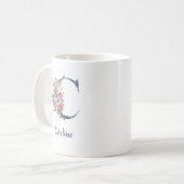 ブルーの花柄モノグラムCの名入れマグカップ コーヒーマグカップ (正面左)