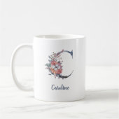 ブルーの花柄モノグラムCの名入れマグカップ コーヒーマグカップ (左)