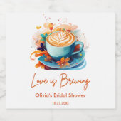 ブルーの花柄ラブがコーヒーをブレンド ブライダルシャワー スパークリングワインラベル (シングルラベル)