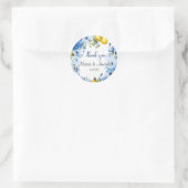 ブルーの花柄レモンラウンドステッカー ラウンドシール (バッグ)