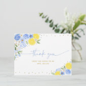 ブルーの花柄レモン メインスクイーズ ブライダルシャワー サンキューカード (スタンド正面)