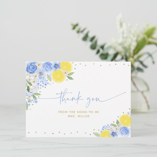 ブルーの花柄レモン メインスクイーズ ブライダルシャワー サンキューカード (スタンド正面)