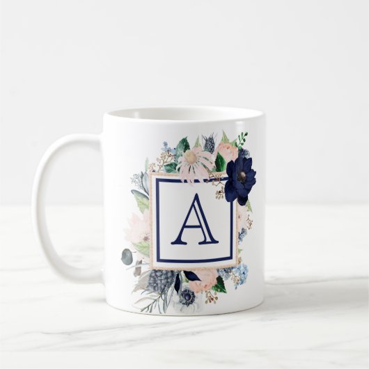 ブルーの花柄ローズモノグラム コーヒーマグカップ (左)