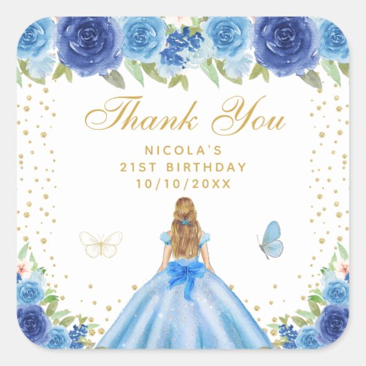 ブルーの花柄金髪プリンセス誕生日パーティー スクエアシール (正面)