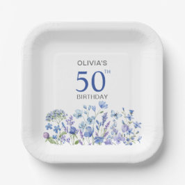 ブルーの花柄 カスタマイズ可能な50歳の誕生日 ペーパープレート