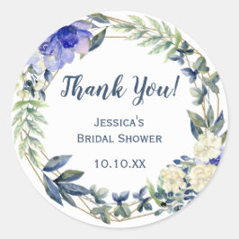 ブルーの花柄 ゴールドの幾何学模様のサンキュー ラウンドシール