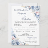 ブルーの花柄 スペイン語 ウェディング 招待状 (正面)