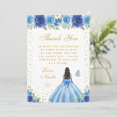 ブルーの花柄 ダークスキンのプリンセス スイート16 サンキューカード (スタンド正面)
