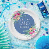 ブルーの花柄 ピンクのバラの花束 ウェディング オーダーメイド ペーパープレート (パーティー)