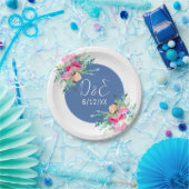 ブルーの花柄 ピンクのバラの花束 ウェディング オーダーメイド ペーパープレート (パーティー)