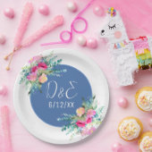 ブルーの花柄 ピンクのローズバッド 結婚式 オーダーメイド ペーパープレート (パーティー)