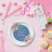 ブルーの花柄 ピンクのローズバッド 結婚式 オーダーメイド ペーパープレート (パーティー)