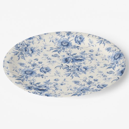 ブルーの花柄 フレンチトワール シノワズリーデザイン ペーパープレート (アングル)