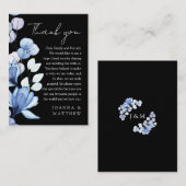 ブルーの花柄 ブラック＆ホワイト ウェディング サンクス プレイスカード (正面/裏面)